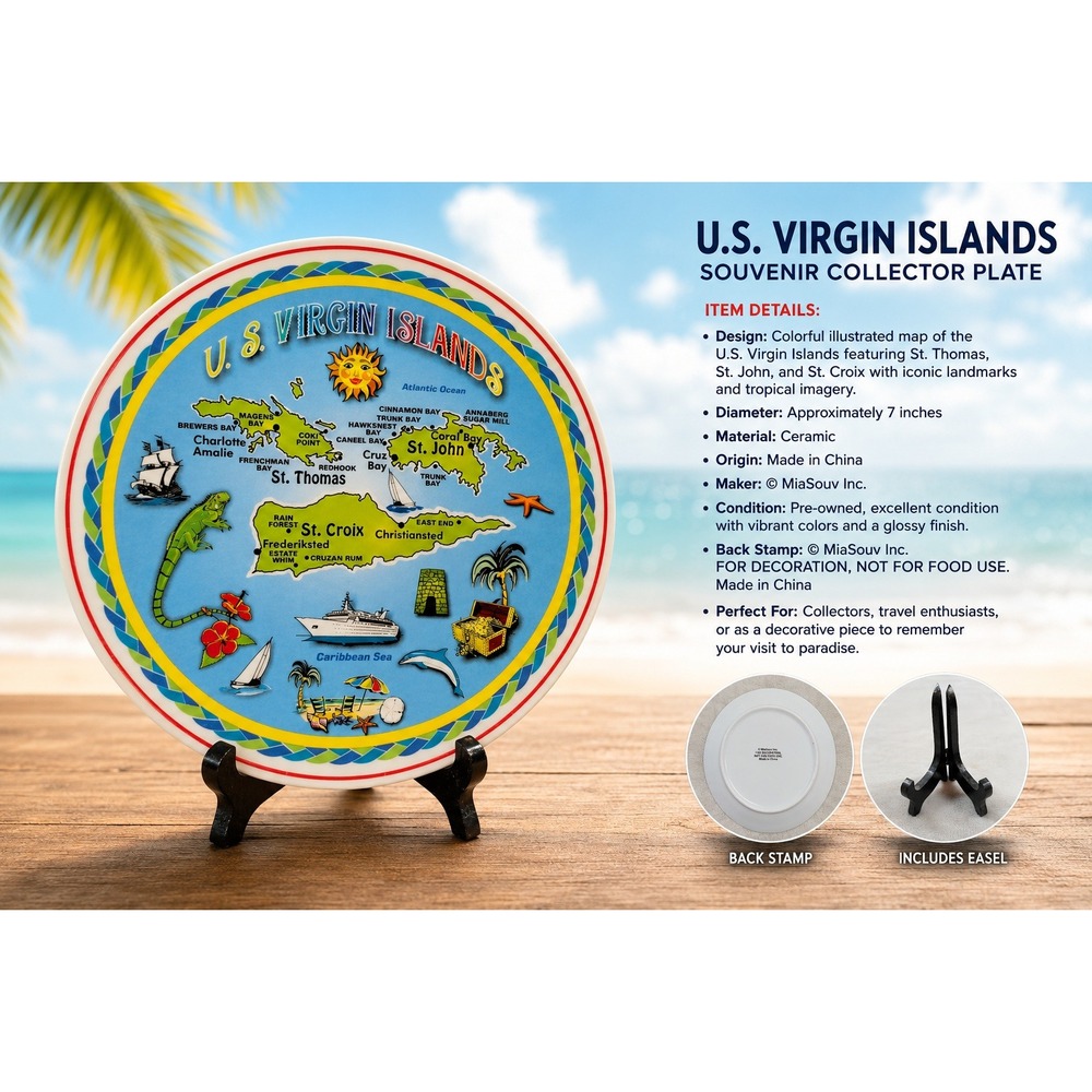 MiaSouv US Virgin Islands Souvenir Plate Map St Thomas St John St Croix